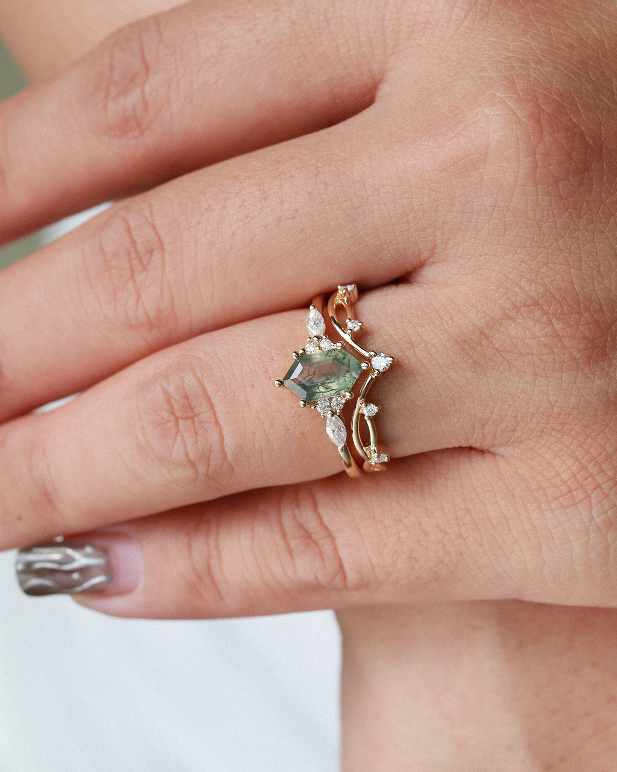 Long Hexagon Moss Agate Leafy Engagement Ring Set 2pcs