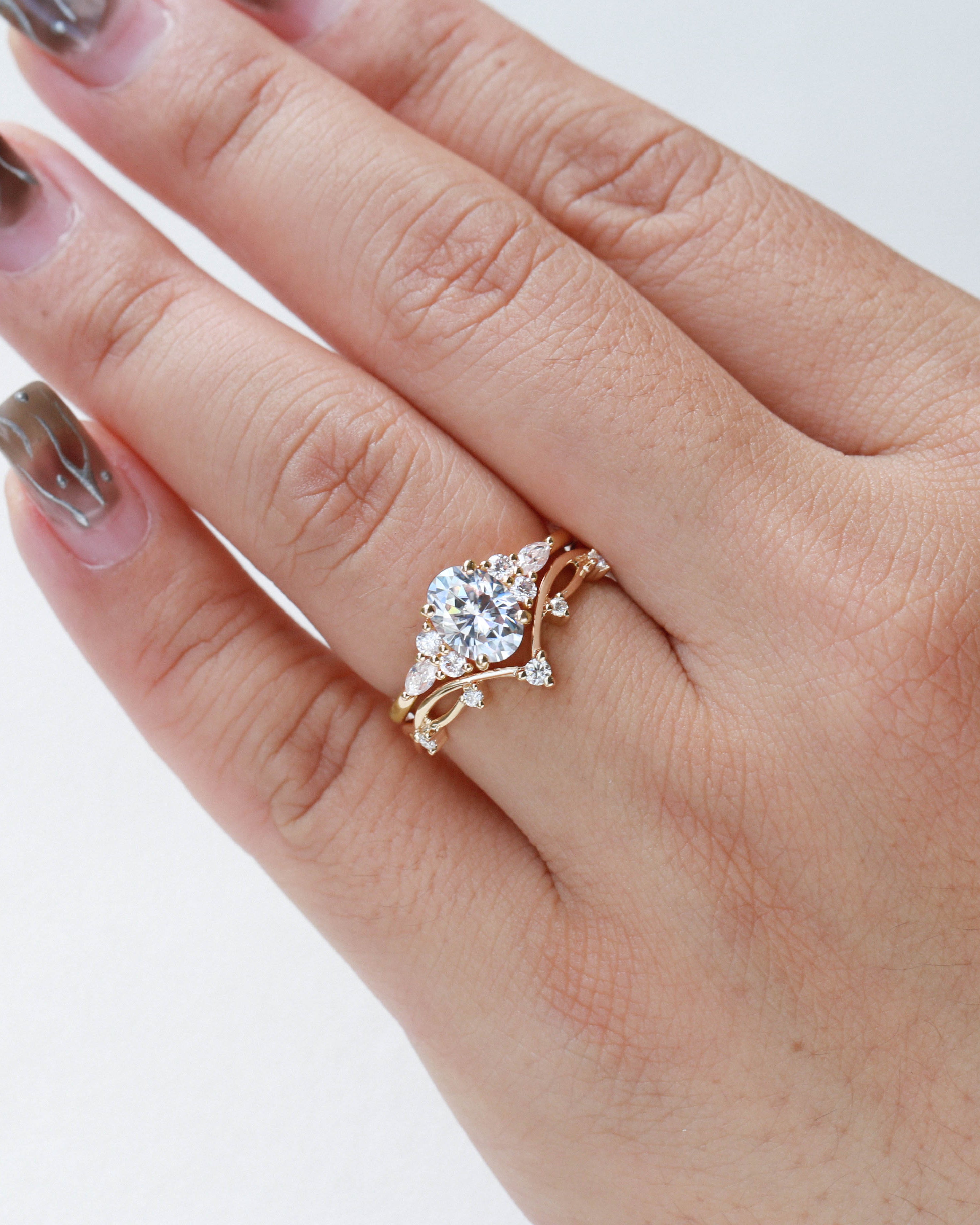 1.5ct Oval Moissanite Leafy Ring Set 2pcs