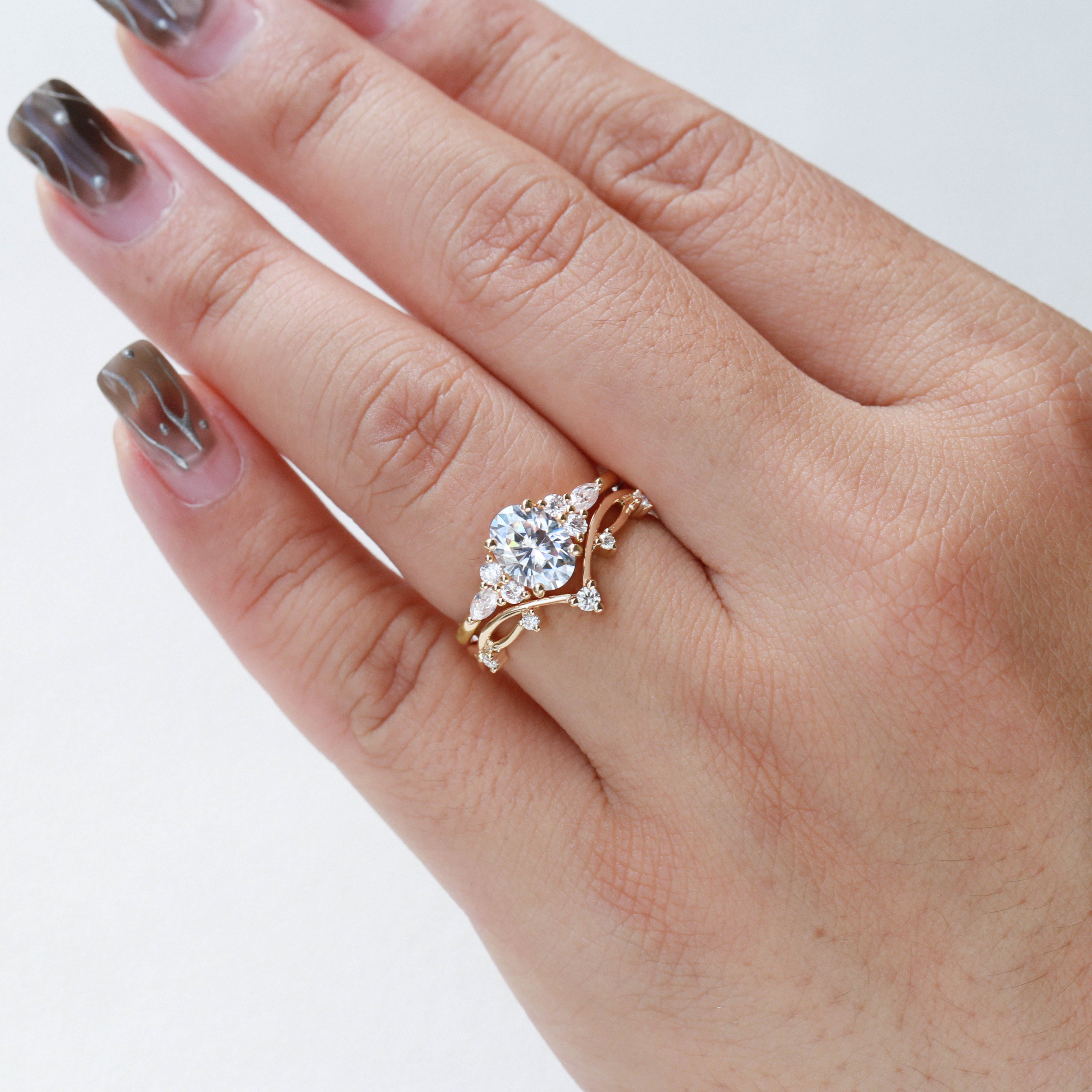 1.5ct Oval Moissanite Leafy Ring Set 2pcs