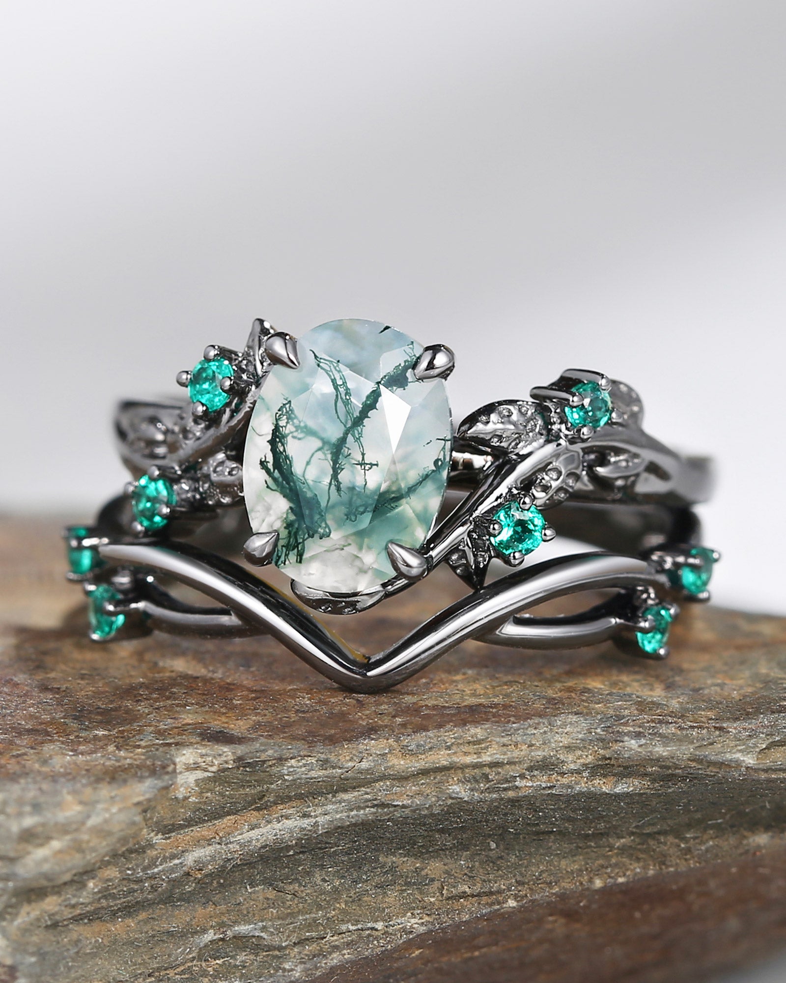 1.5ct Oval Cut Moss Agate Leafy Black Gold Ring Set 2pcs - Mossy