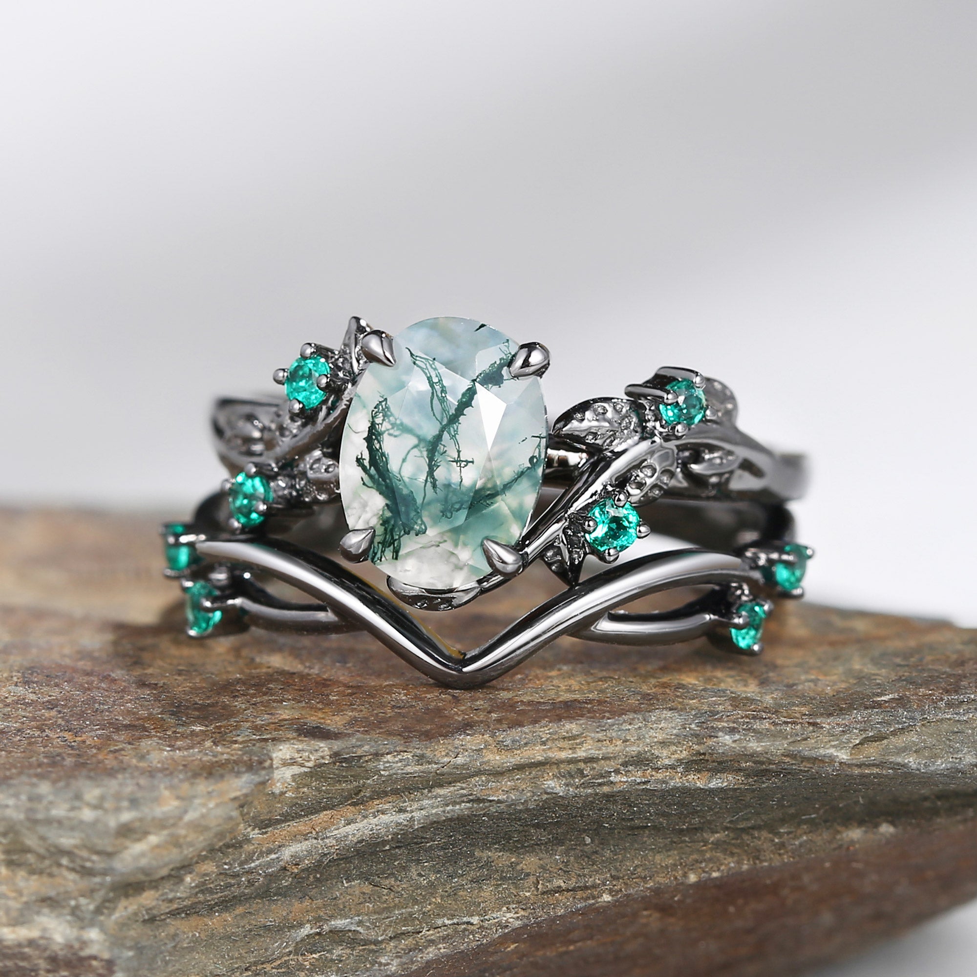 1.5ct Oval Cut Moss Agate Leafy Black Gold Ring Set 2pcs - Mossy