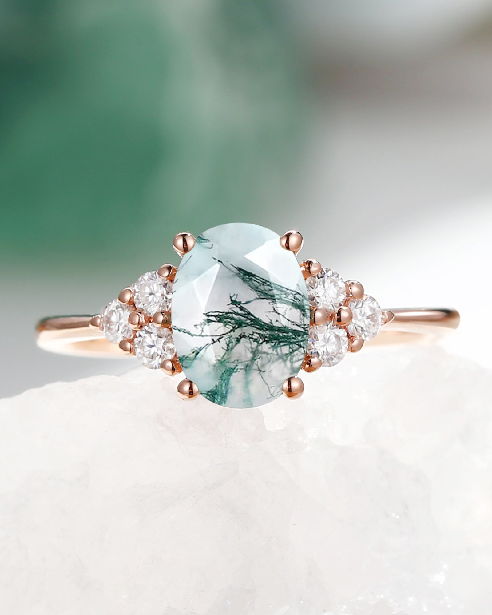 Oval Moss Agate Classic Cluster Engagement Ring - Aurora