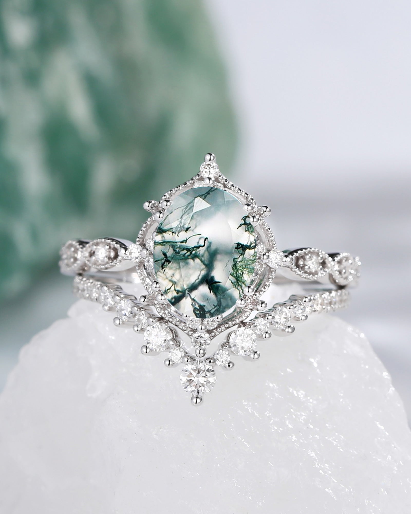2.0ct Signature Vintage Moss Agate Big Ring Set 2pcs - Charlotte
