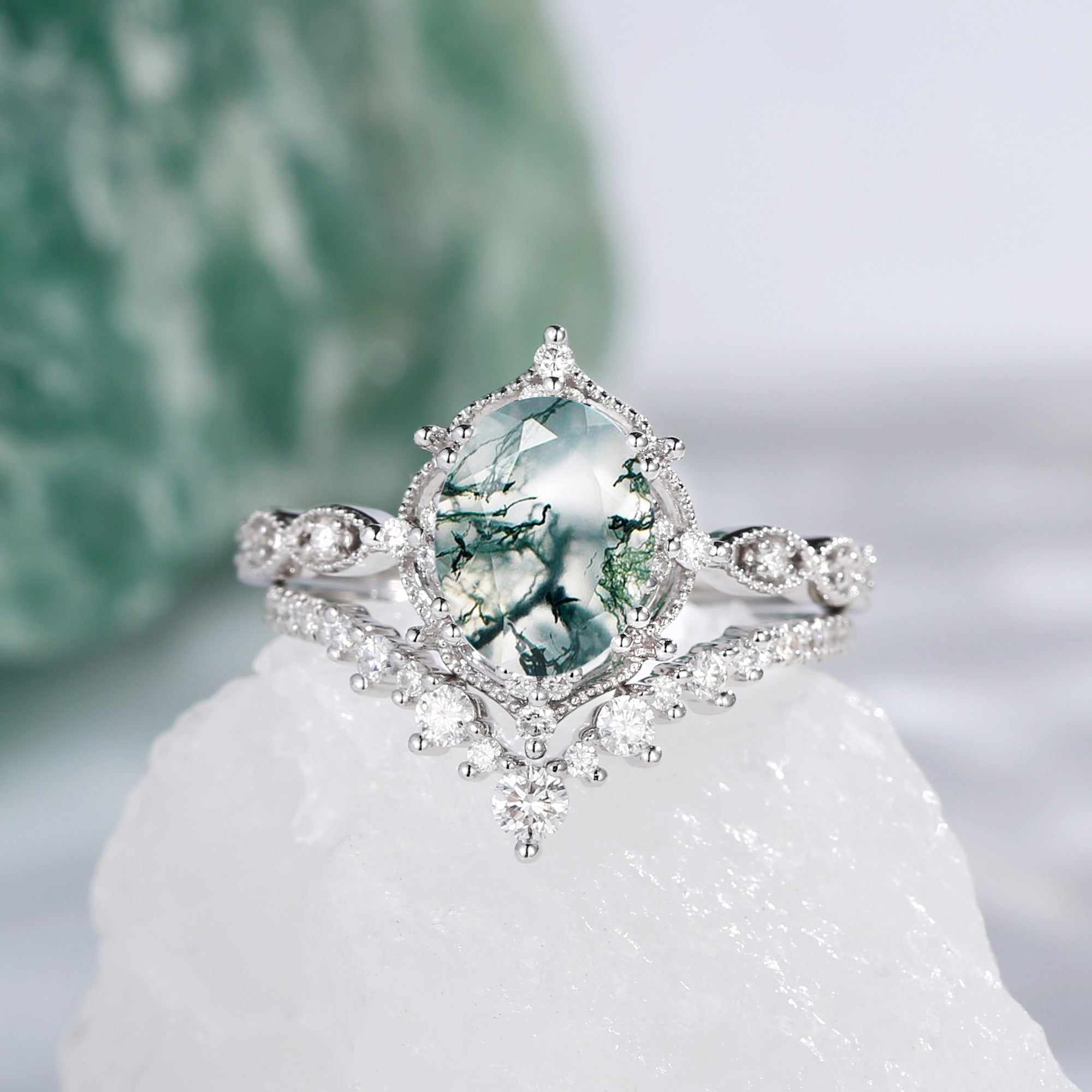 2.0ct Signature Vintage Moss Agate Big Ring Set 2pcs - Charlotte
