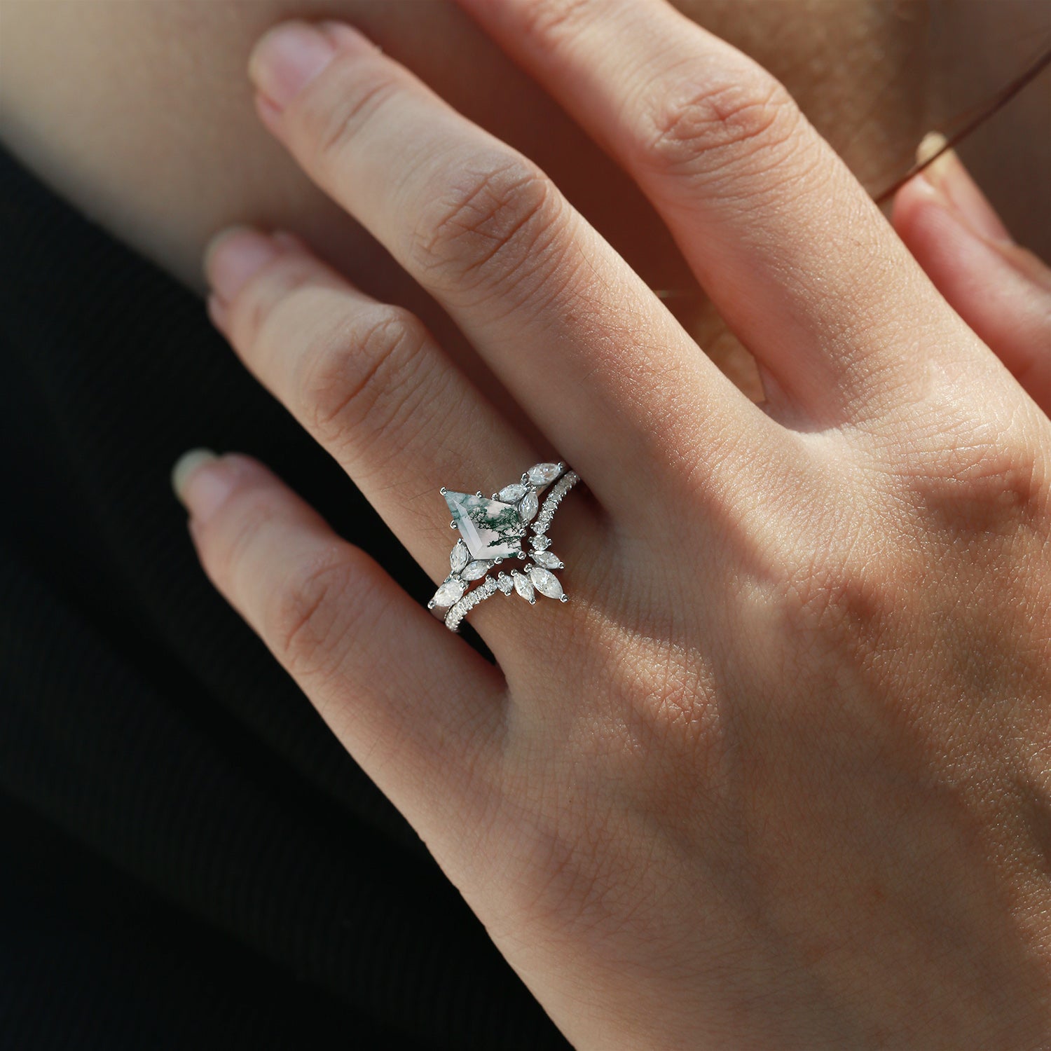 Kite Cut Moss Agate White Gold Engagement Ring Set 2pcs