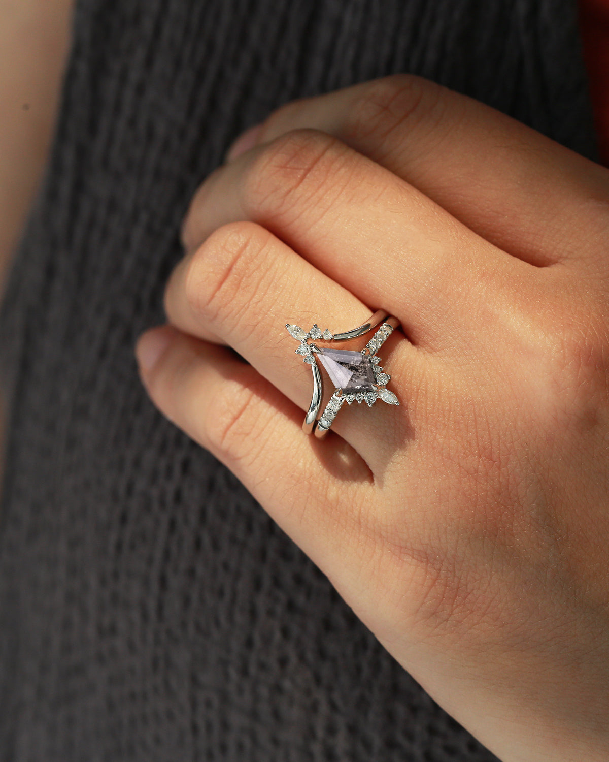 Salt and Pepper Diamonds Kite Cut Engagement Ring Set 2pcs