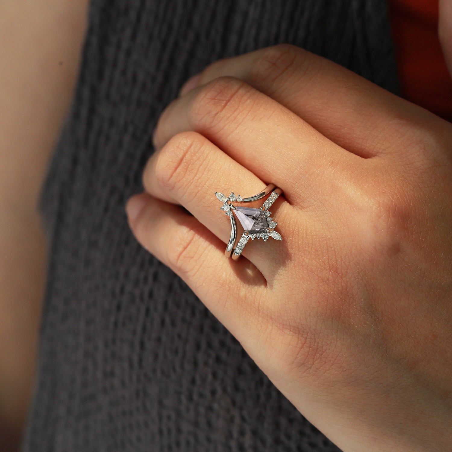 Salt and Pepper Diamonds Kite Cut Engagement Ring Set 2pcs