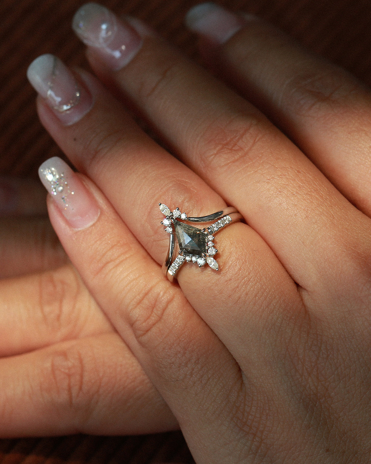 Salt and Pepper Diamonds Kite Cut Engagement Ring Set 2pcs