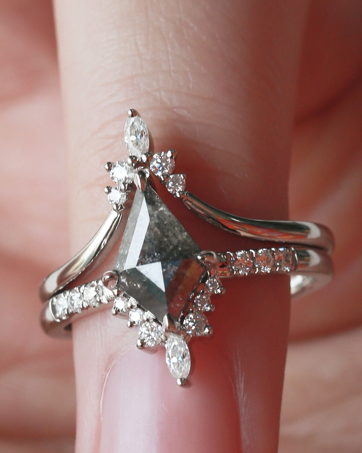 Salt and Pepper Diamonds Kite Cut Engagement Ring Set 2pcs
