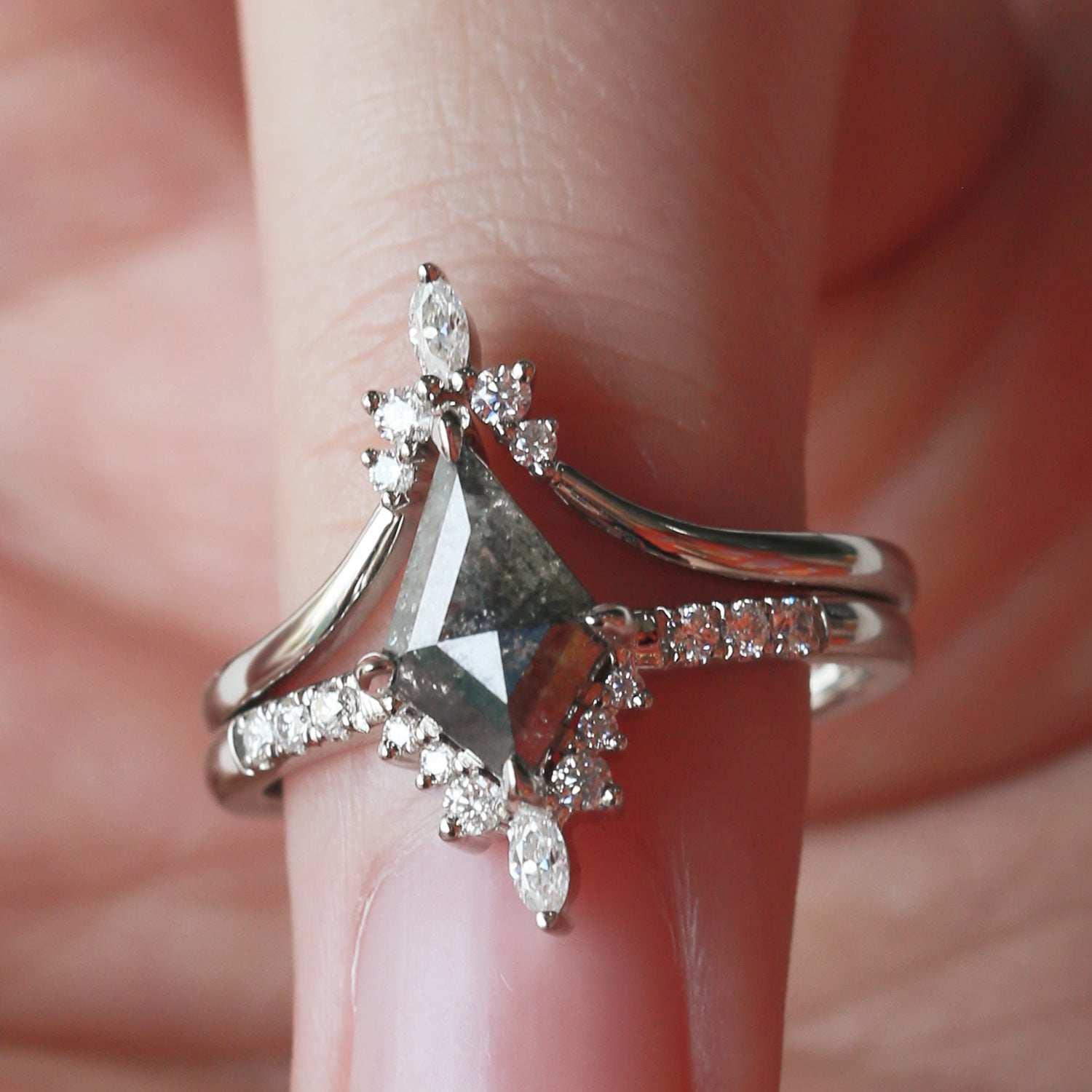 Salt and Pepper Diamonds Kite Cut Engagement Ring Set 2pcs