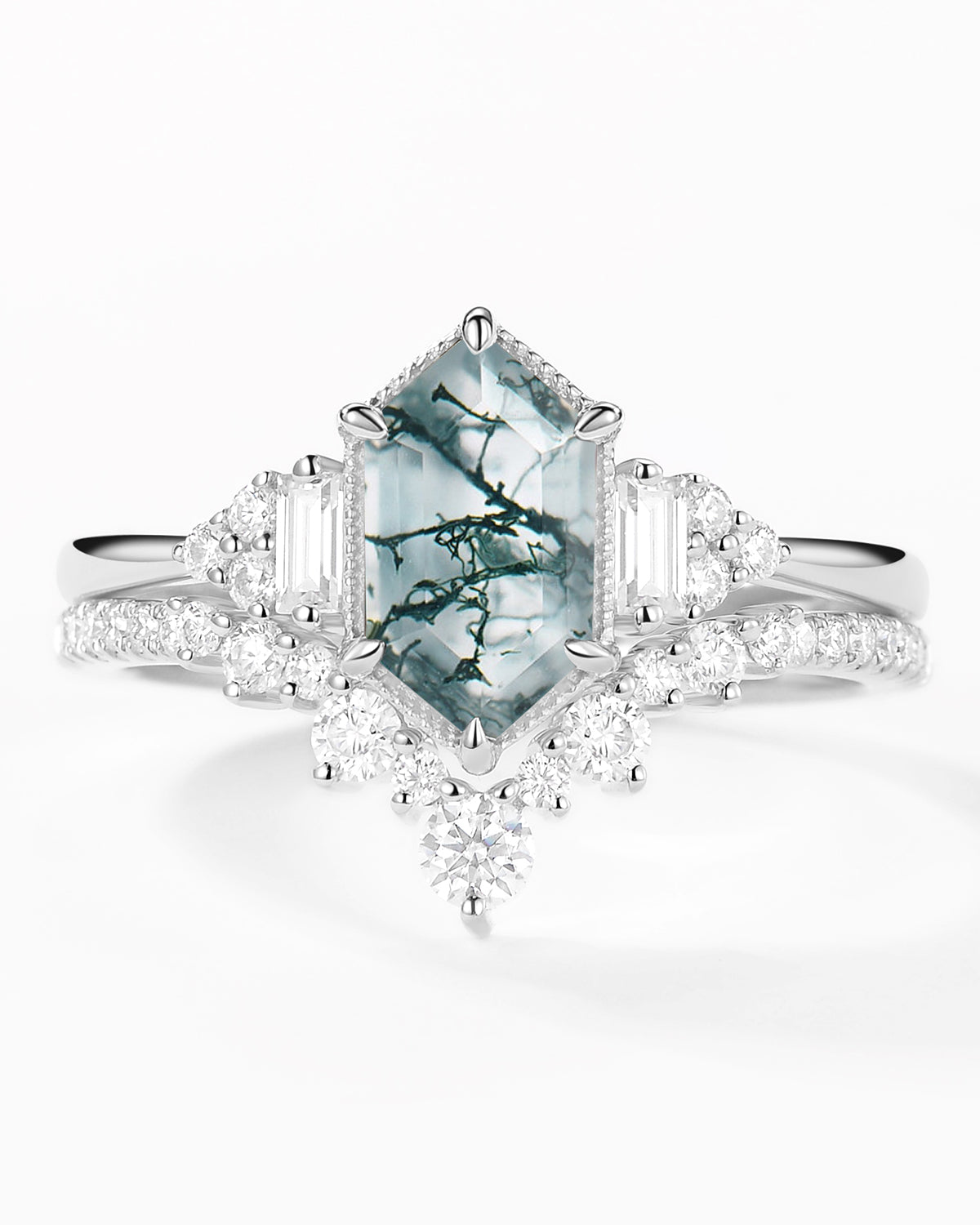 Long Hexagon Moss Agate Milgrain Engagement Ring Set 2pcs