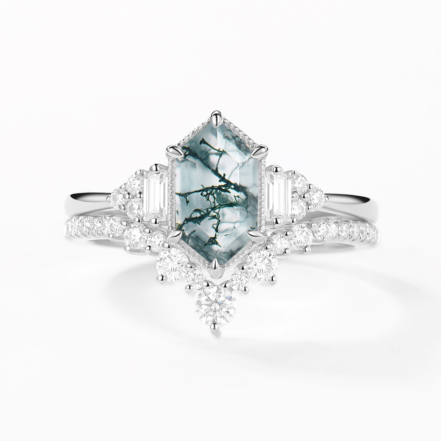 Long Hexagon Moss Agate Milgrain Engagement Ring Set 2pcs