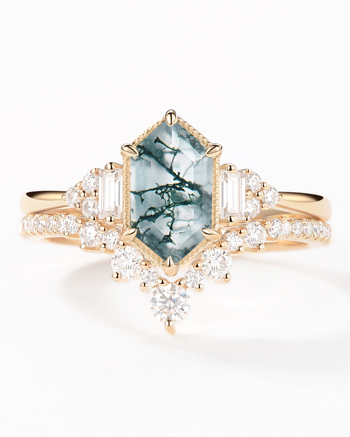 Long Hexagon Moss Agate Milgrain Engagement Ring Set 2pcs