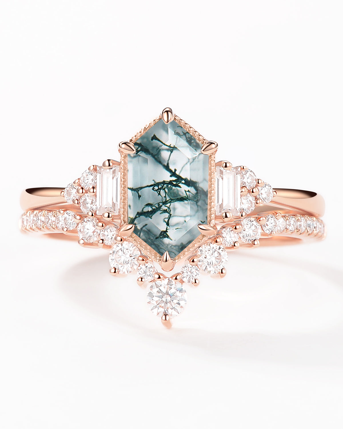 Long Hexagon Moss Agate Milgrain Engagement Ring Set 2pcs