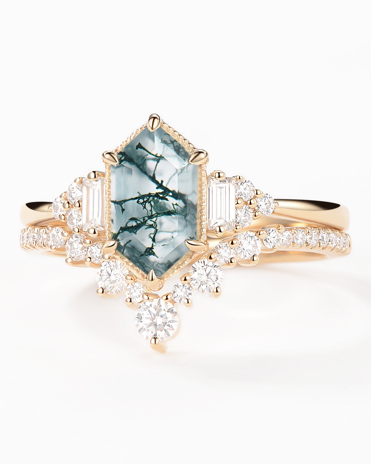 Long Hexagon Moss Agate Milgrain Engagement Ring Set 2pcs