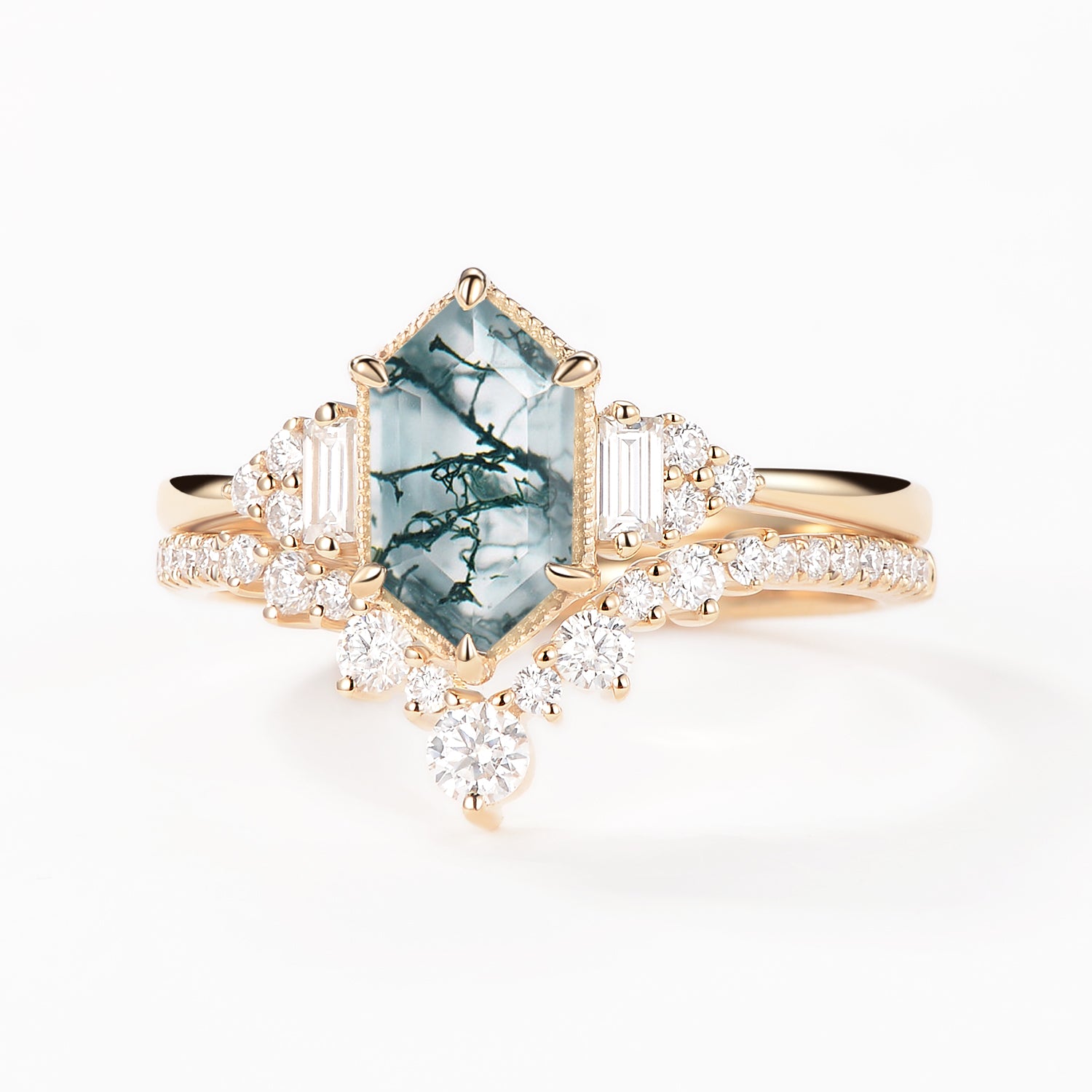 Long Hexagon Moss Agate Milgrain Engagement Ring Set 2pcs