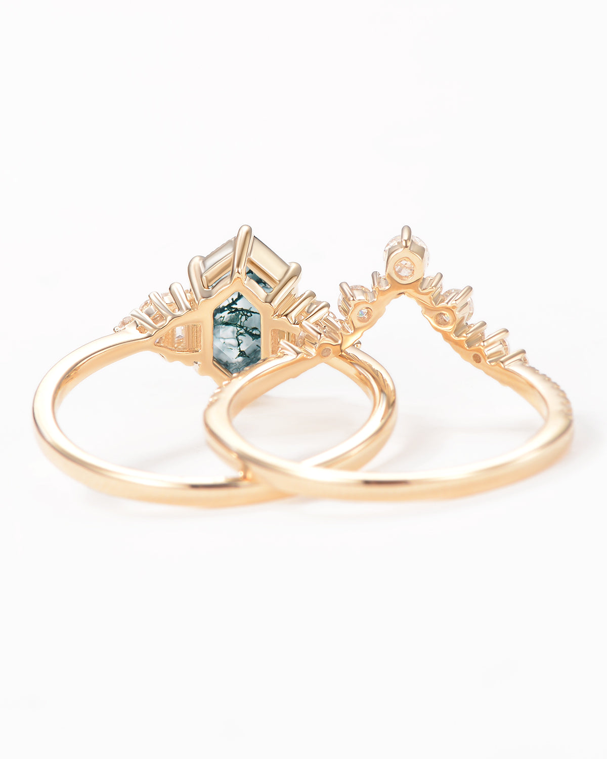 Long Hexagon Moss Agate Milgrain Engagement Ring Set 2pcs