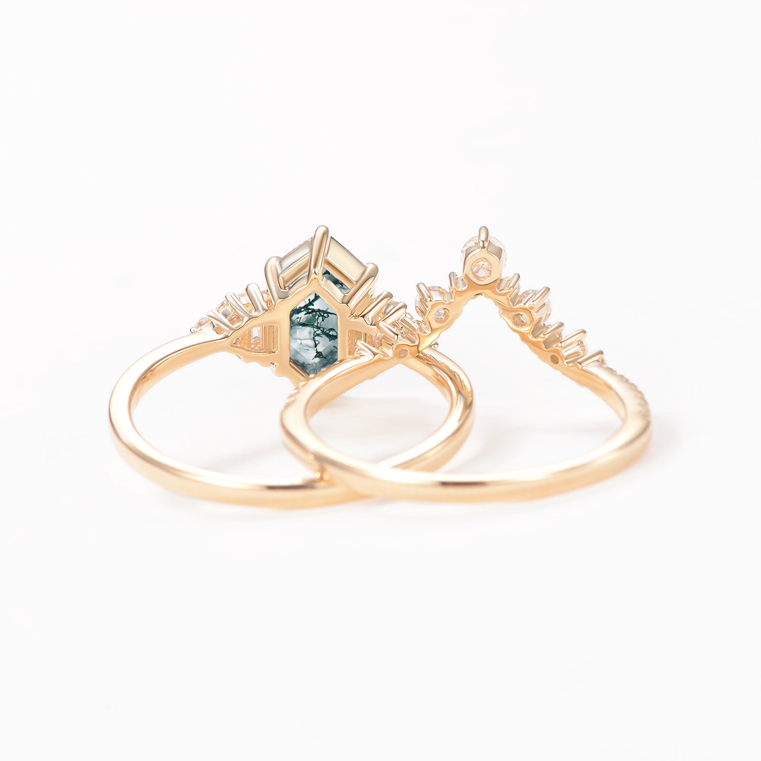 Long Hexagon Moss Agate Milgrain Engagement Ring Set 2pcs