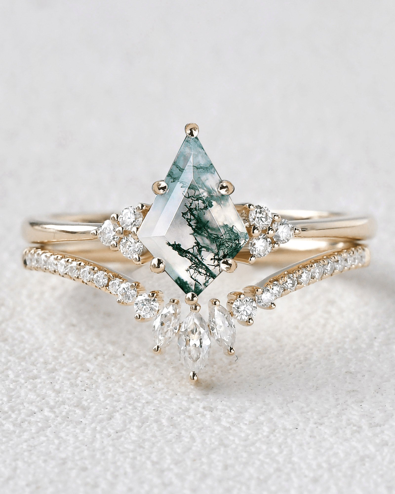 Unique Moss Agate Engagement Ring Set 2pcs - Lydia