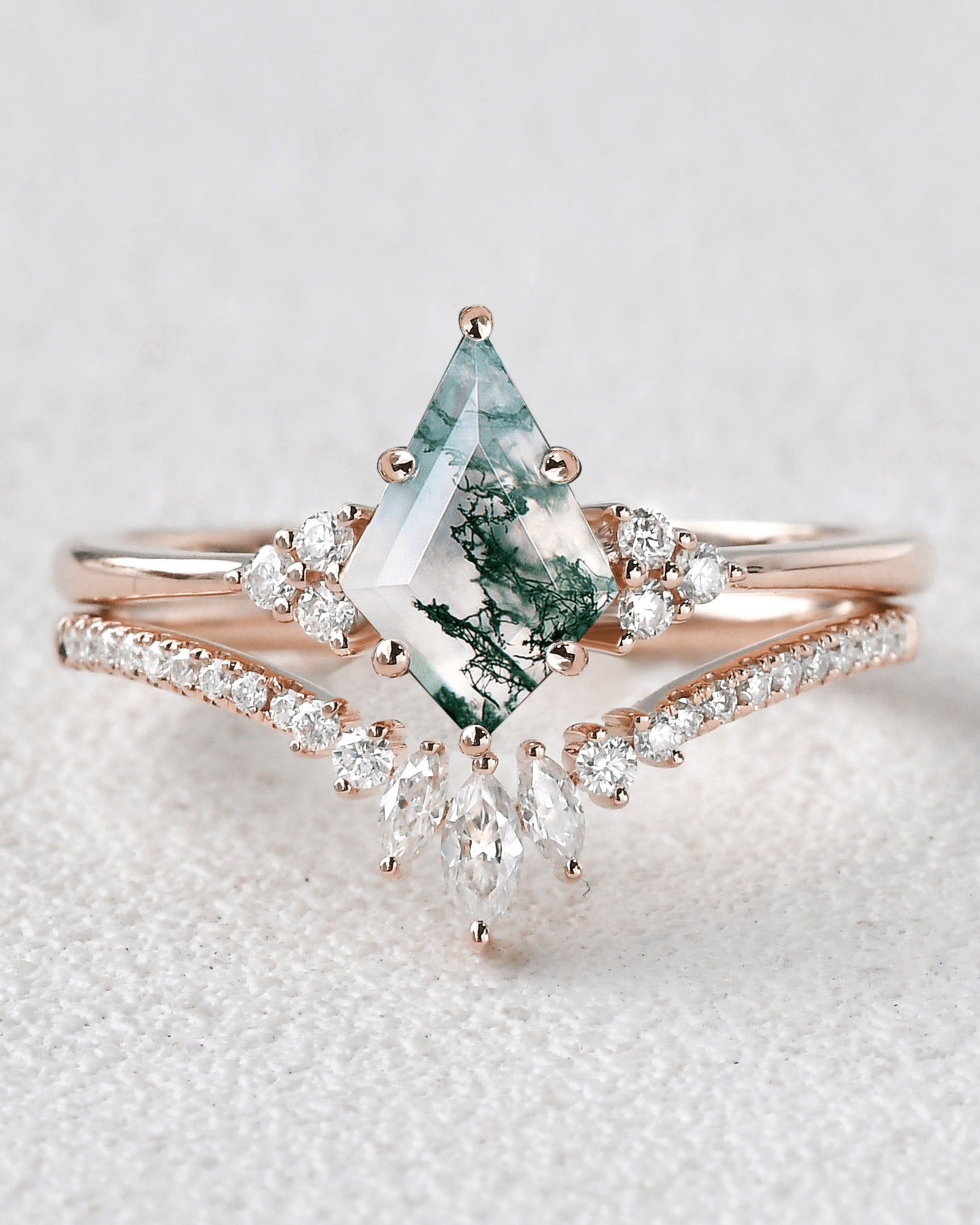 Unique Moss Agate Engagement Ring Set 2pcs - Lydia