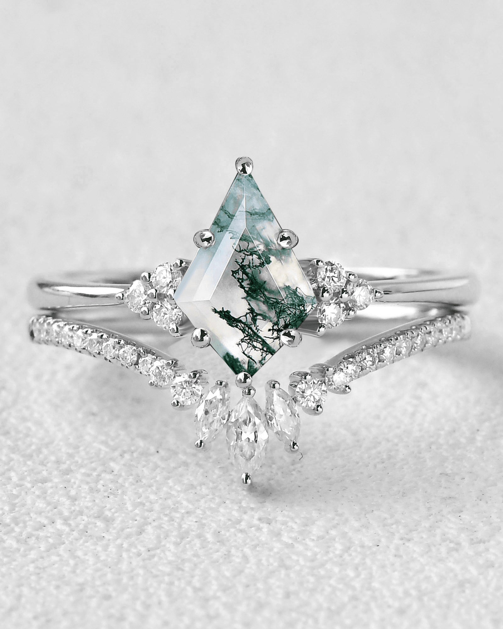 Unique Moss Agate Engagement Ring Set 2pcs - Lydia