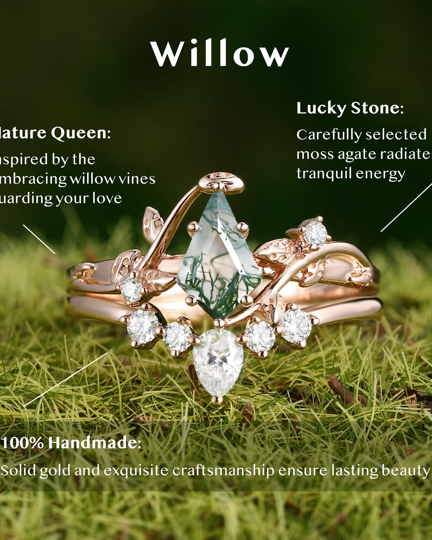 Unique Kite Cut Moss Agate Leafy Bridal Ring Sets 2pcs - Willow