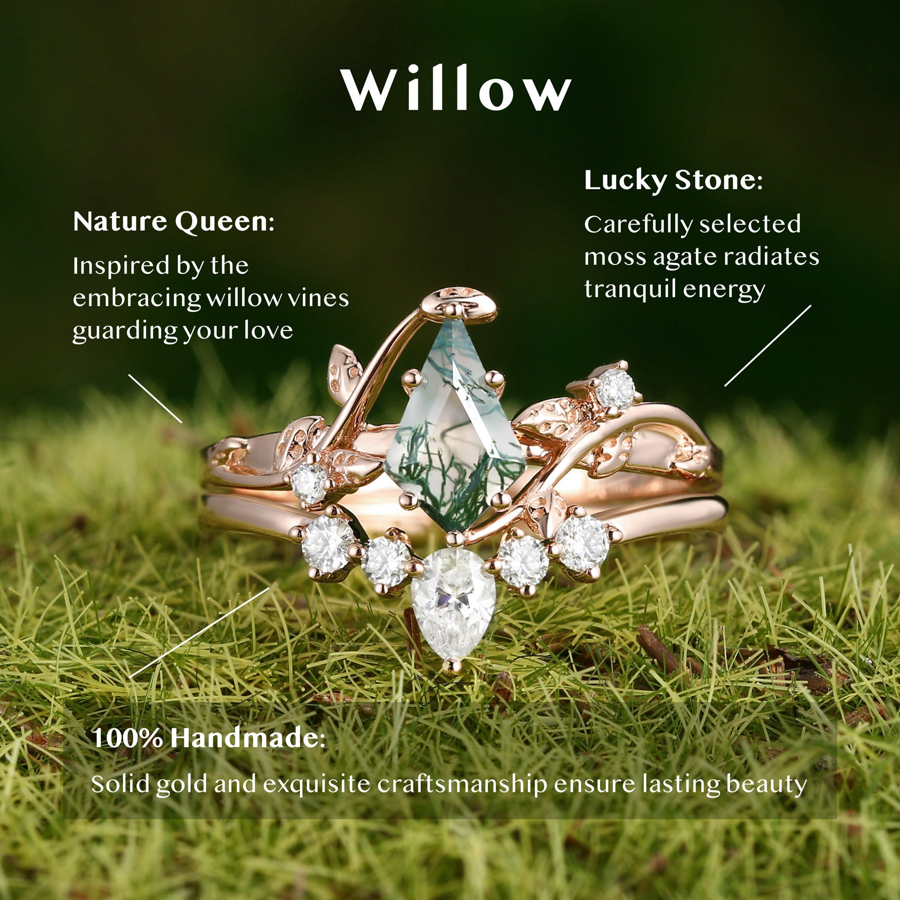 Unique Kite Cut Moss Agate Leafy Bridal Ring Sets 2pcs - Willow