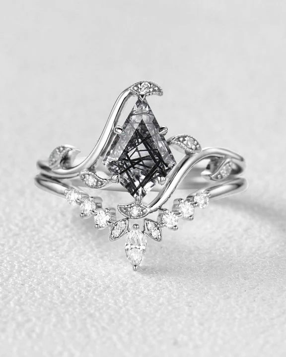 Unique Kite Cut Black Rutilated Quartz Leafy Engagement Ring Sets 2pcs - Ivy
