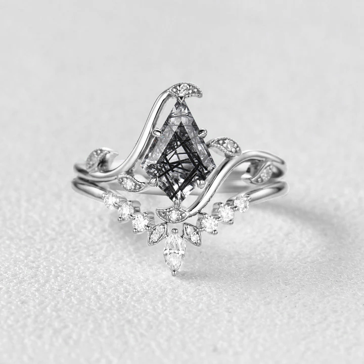 Unique Kite Cut Black Rutilated Quartz Leafy Engagement Ring Sets 2pcs - Ivy