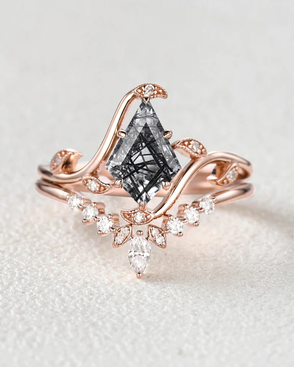 Unique Kite Cut Black Rutilated Quartz Leafy Engagement Ring Sets 2pcs - Ivy