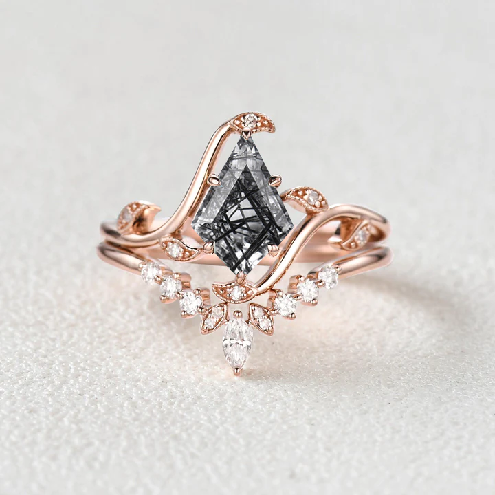 Unique Kite Cut Black Rutilated Quartz Leafy Engagement Ring Sets 2pcs - Ivy