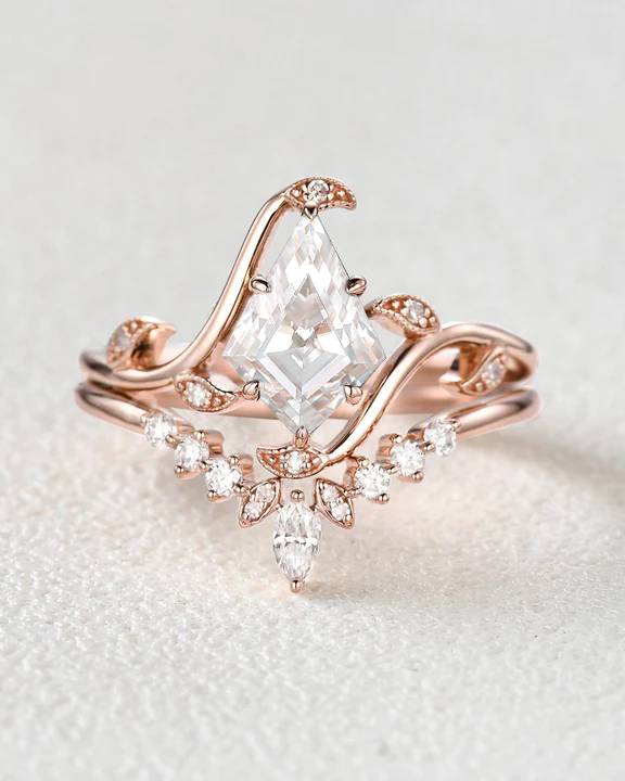 Unique Kite Cut Moissanite Leafy Engagement Ring Sets 2pcs - Ivy