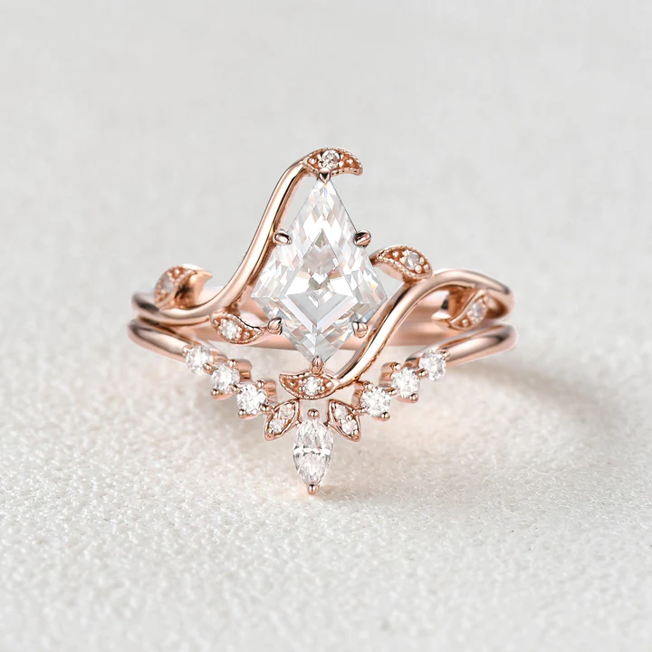 Unique Kite Cut Moissanite Leafy Engagement Ring Sets 2pcs - Ivy