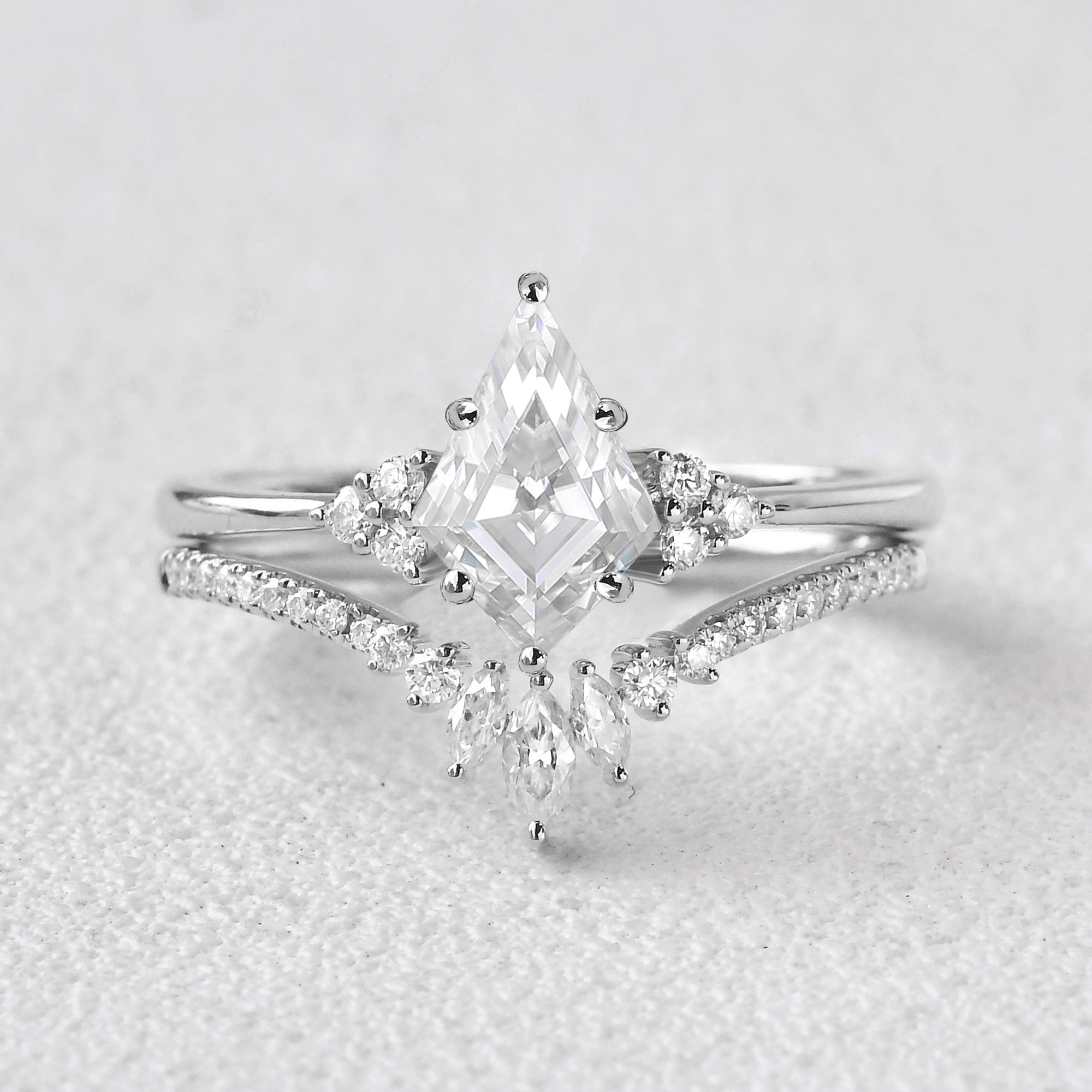 Unique Kite Cut Engagement Ring Set 2pcs - Lydia