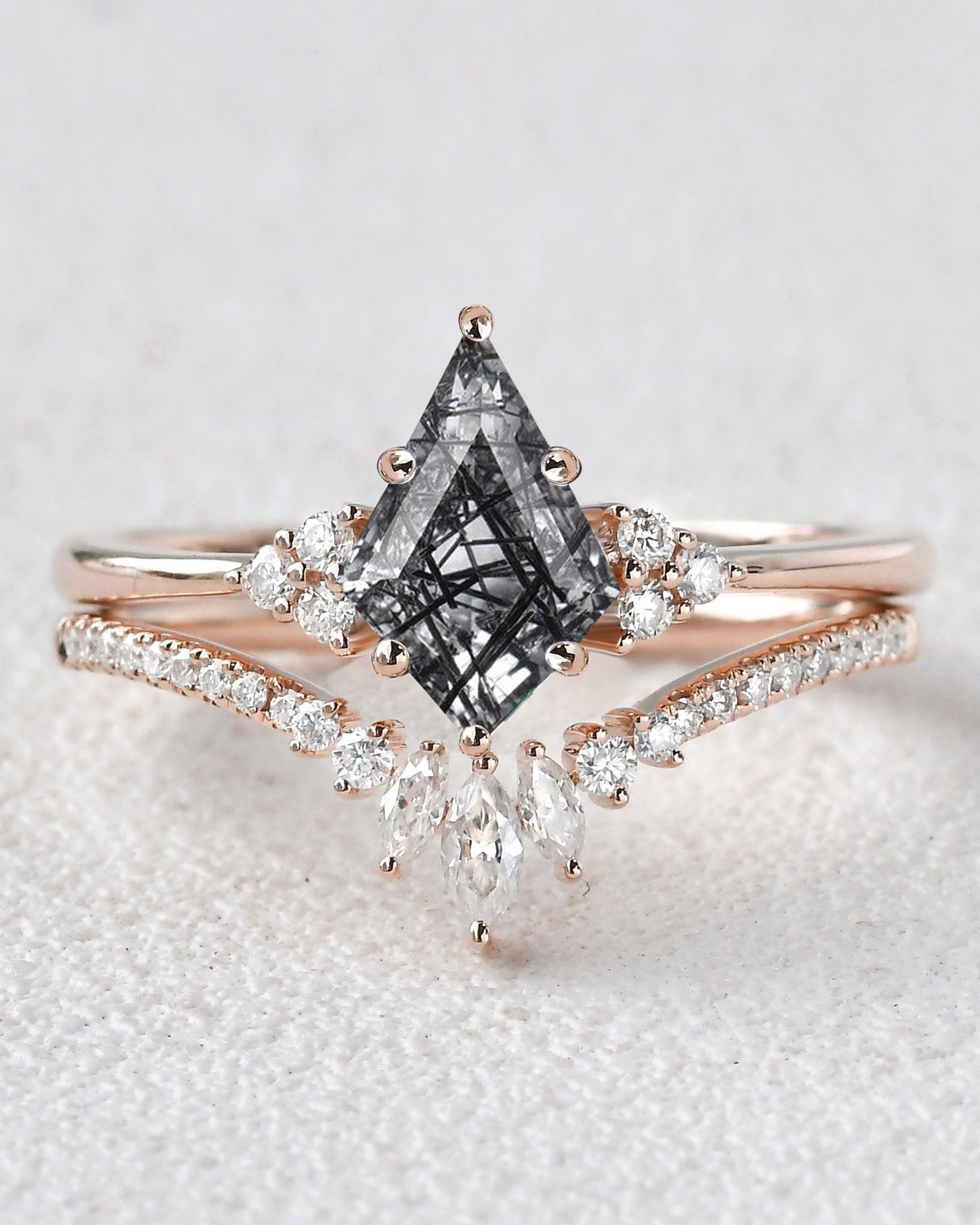 Unique Kite Cut Engagement Ring Set 2pcs - Lydia