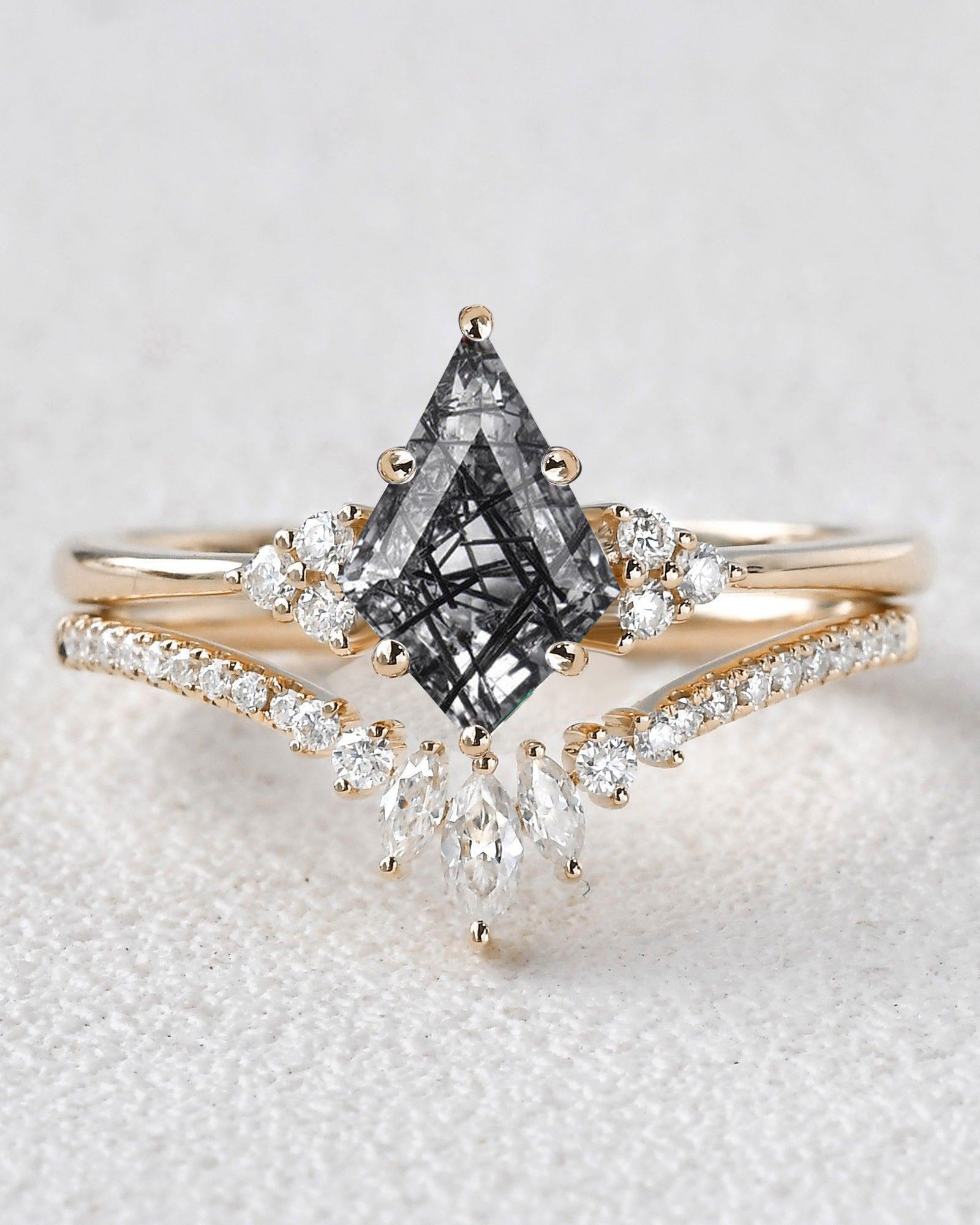 Unique Kite Cut Engagement Ring Set 2pcs - Lydia