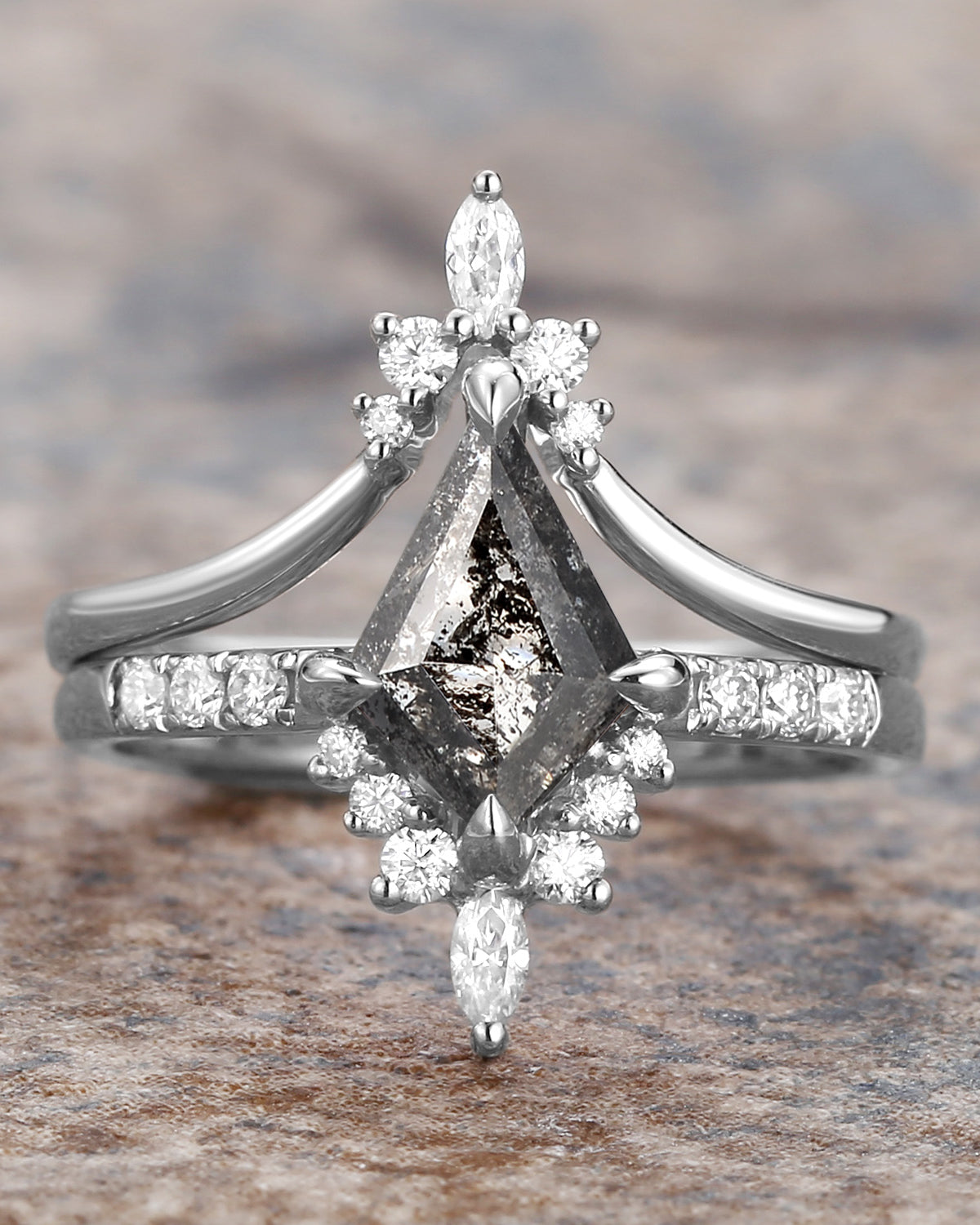 Salt and Pepper Diamonds Kite Cut Engagement Ring Set 2pcs - Starla