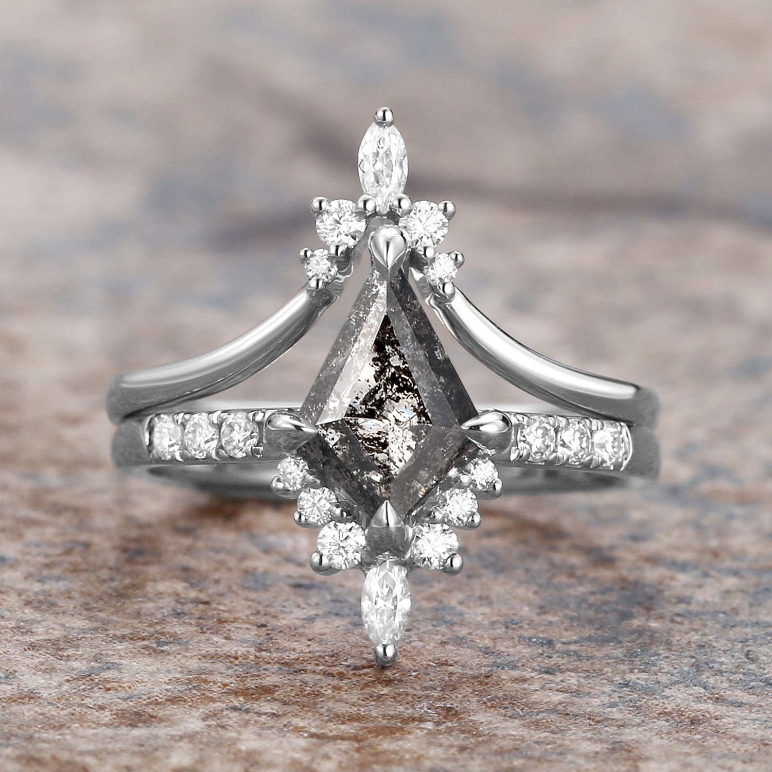 Salt and Pepper Diamonds Kite Cut Engagement Ring Set 2pcs - Starla
