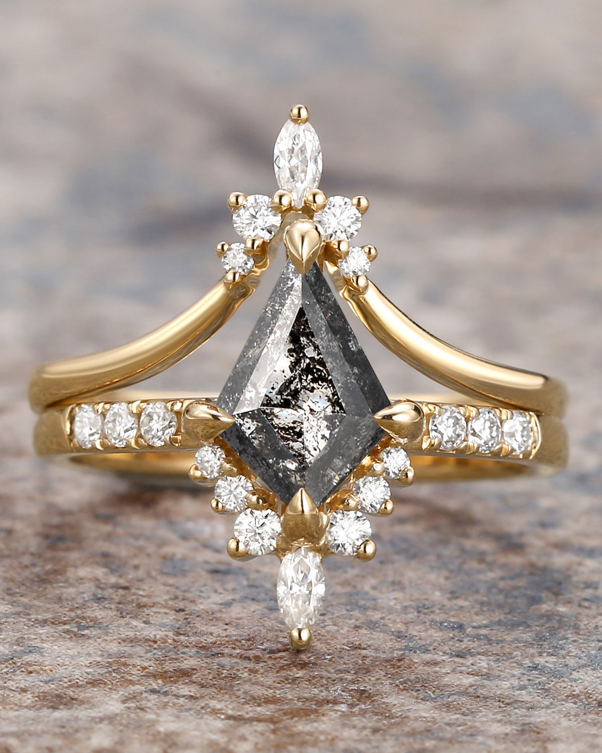 Salt and Pepper Diamonds Kite Cut Engagement Ring Set 2pcs - Starla Yellow Gold