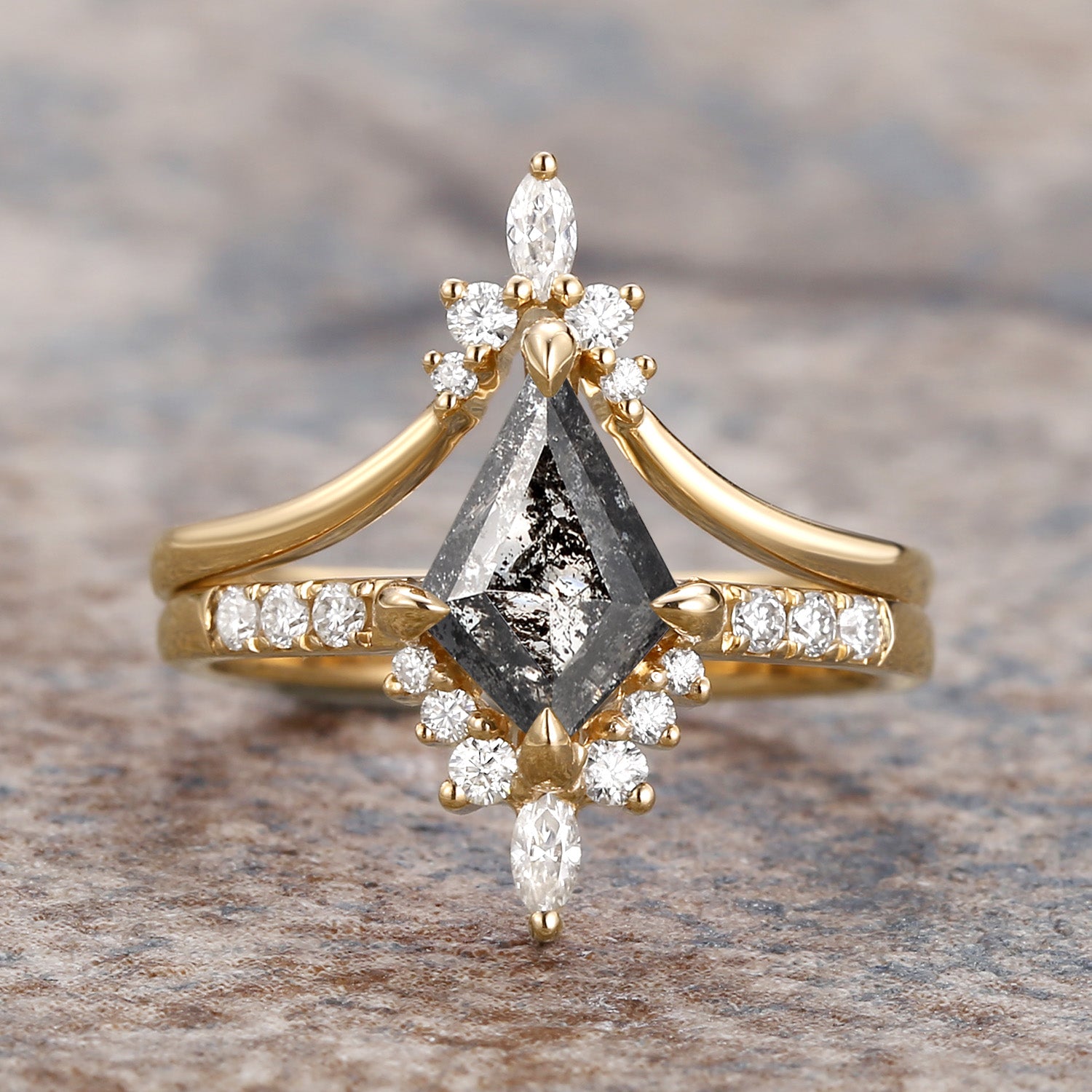 Salt and Pepper Diamonds Kite Cut Engagement Ring Set 2pcs - Starla Yellow Gold