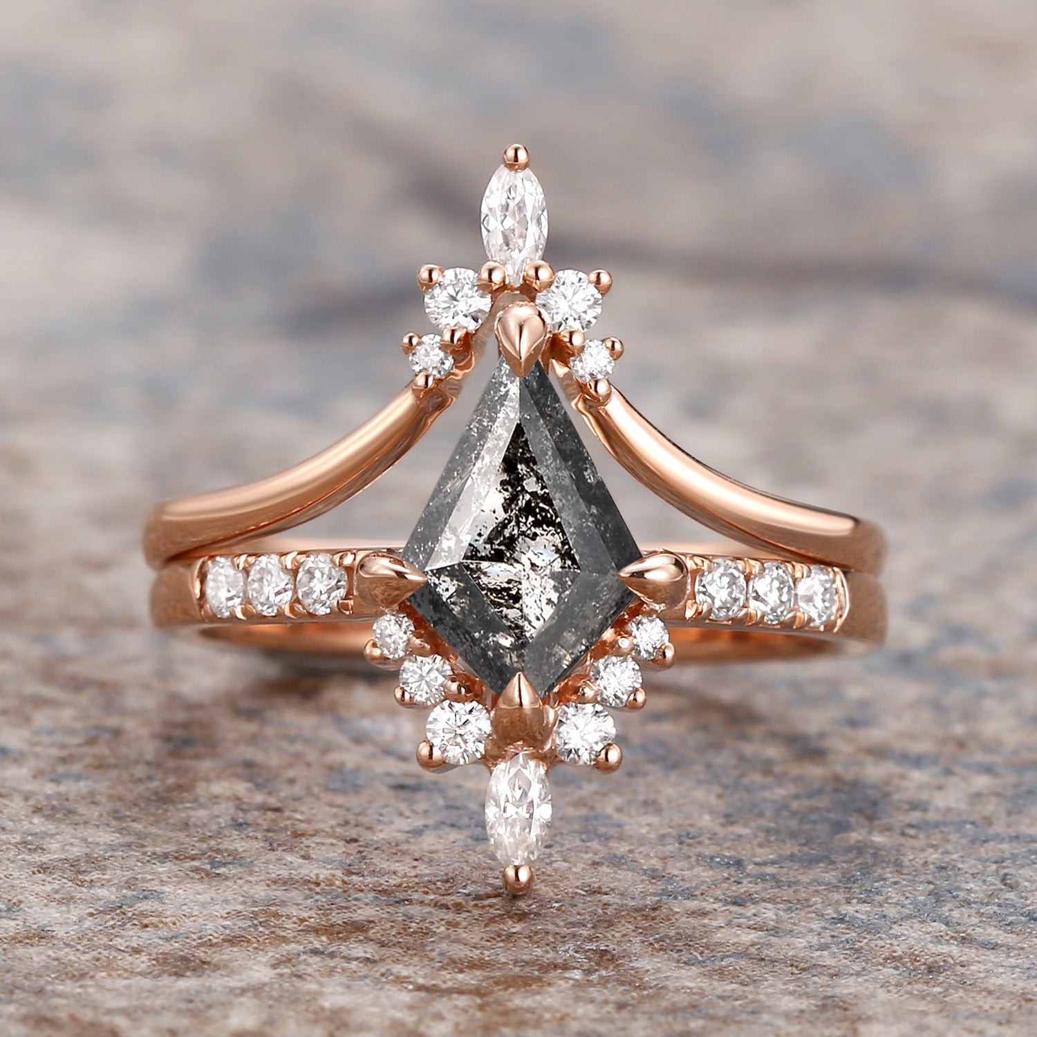 Salt and Pepper Diamonds Kite Cut Engagement Ring Set 2pcs - Starla Rose Gold