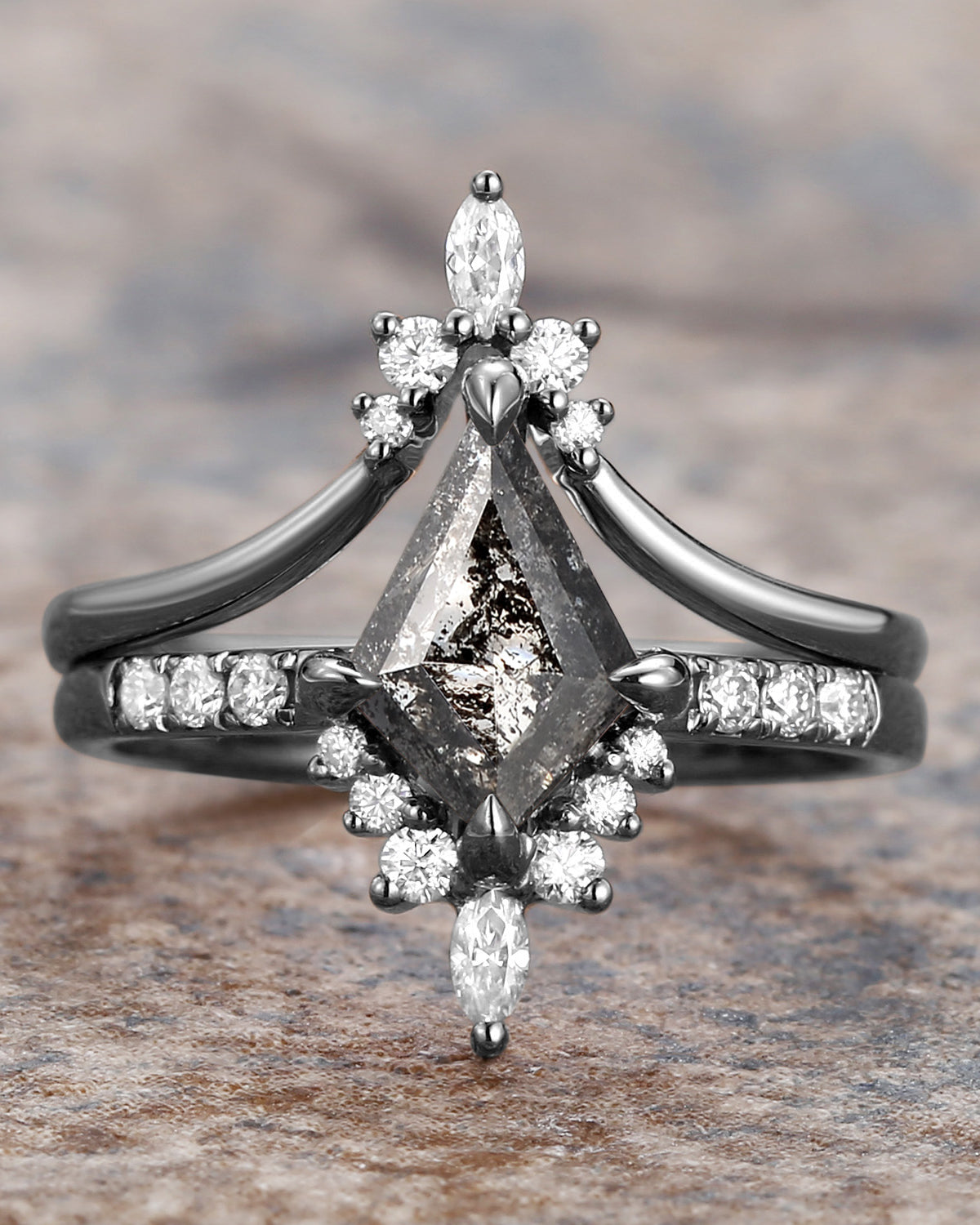 Salt and Pepper Diamonds Kite Cut Engagement Ring Set 2pcs - Starla Black Gold