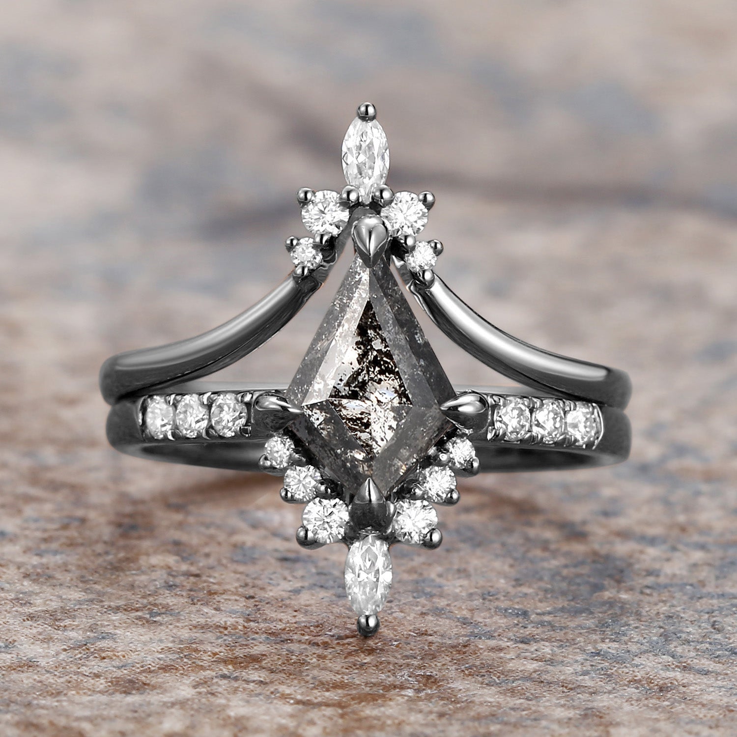 Salt and Pepper Diamonds Kite Cut Engagement Ring Set 2pcs - Starla Black Gold