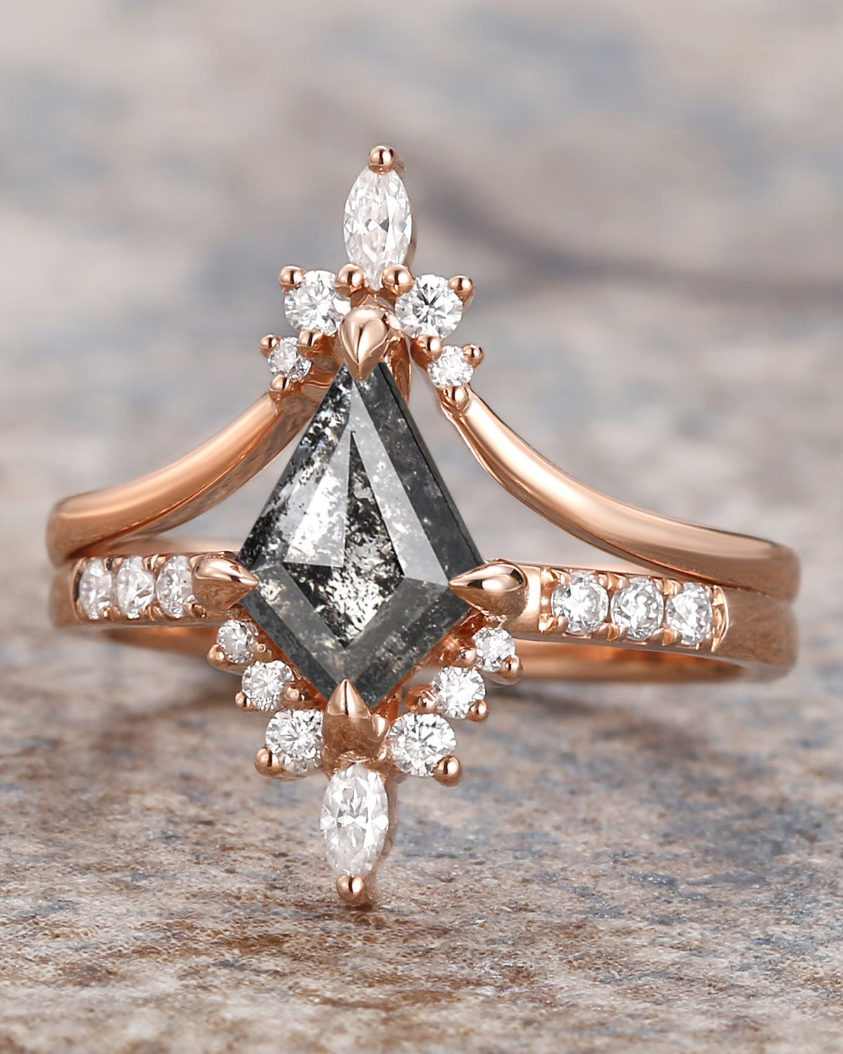 Salt and Pepper Diamonds Kite Cut Engagement Ring Set 2pcs - Starla