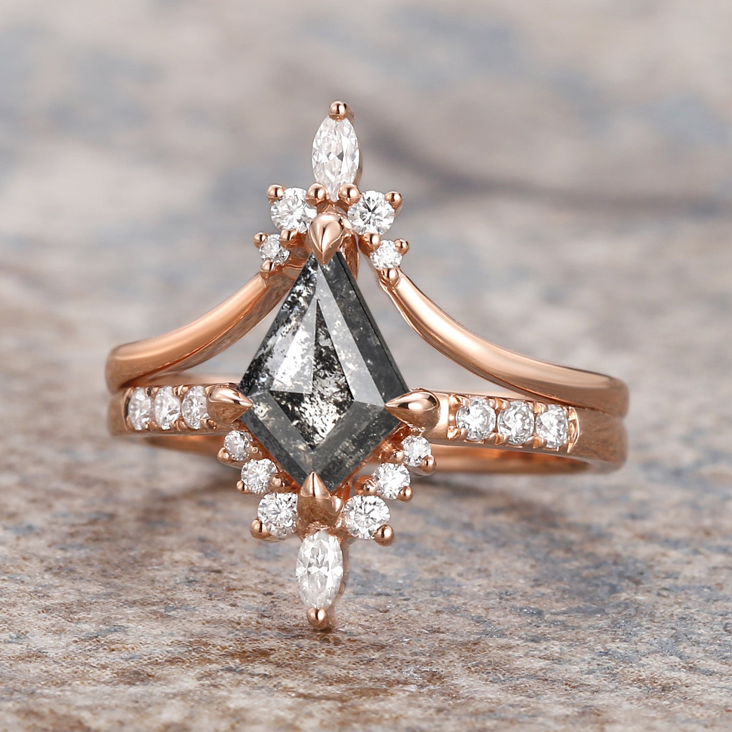 Salt and Pepper Diamonds Kite Cut Engagement Ring Set 2pcs - Starla