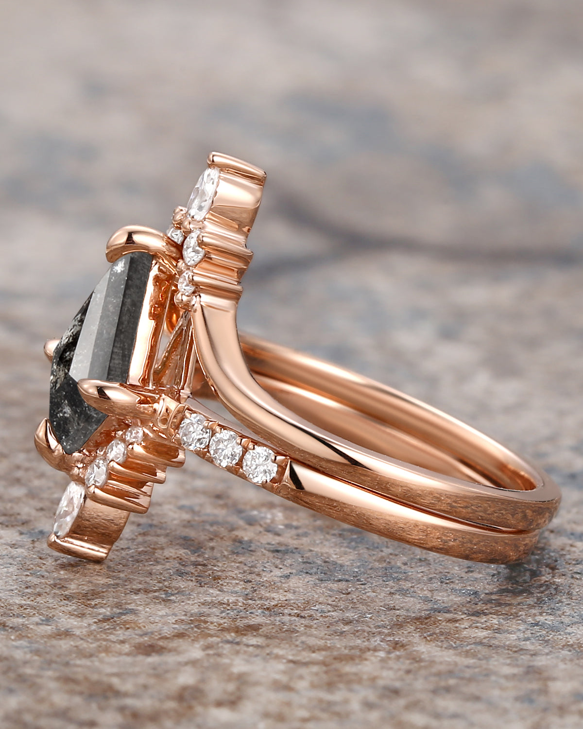 Salt and Pepper Diamonds Kite Cut Engagement Ring Set 2pcs - Starla