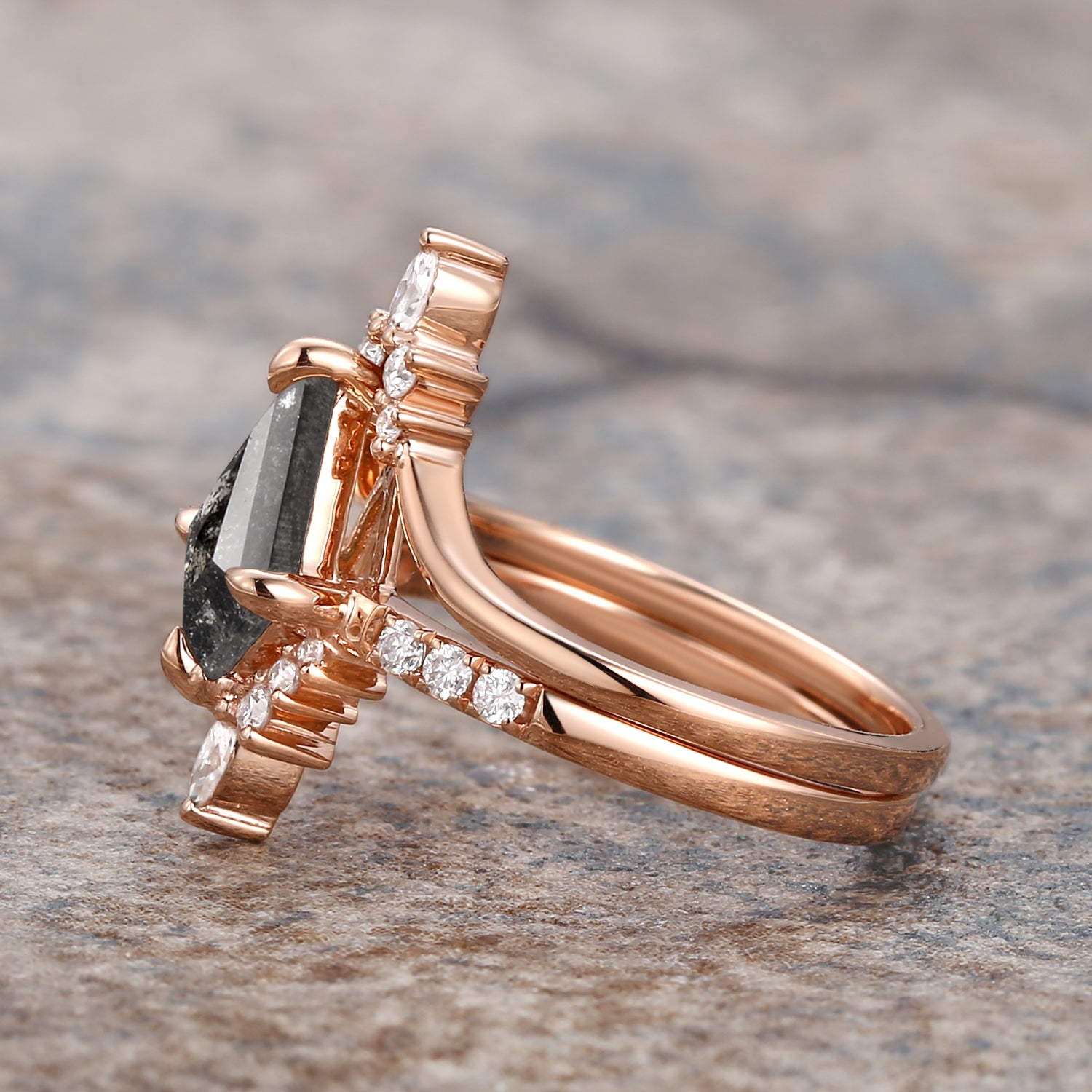 Salt and Pepper Diamonds Kite Cut Engagement Ring Set 2pcs - Starla