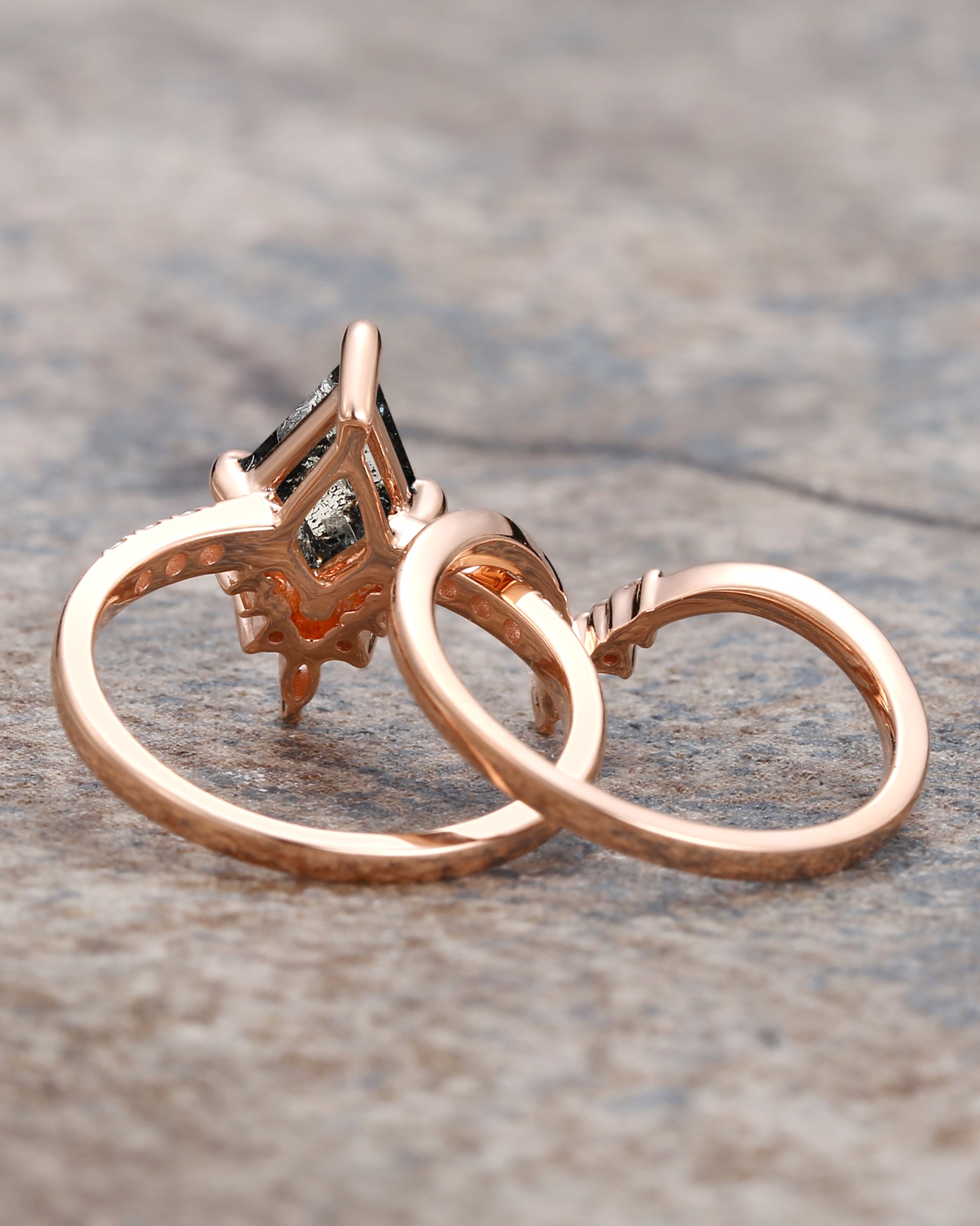 Salt and Pepper Diamonds Kite Cut Engagement Ring Set 2pcs - Starla