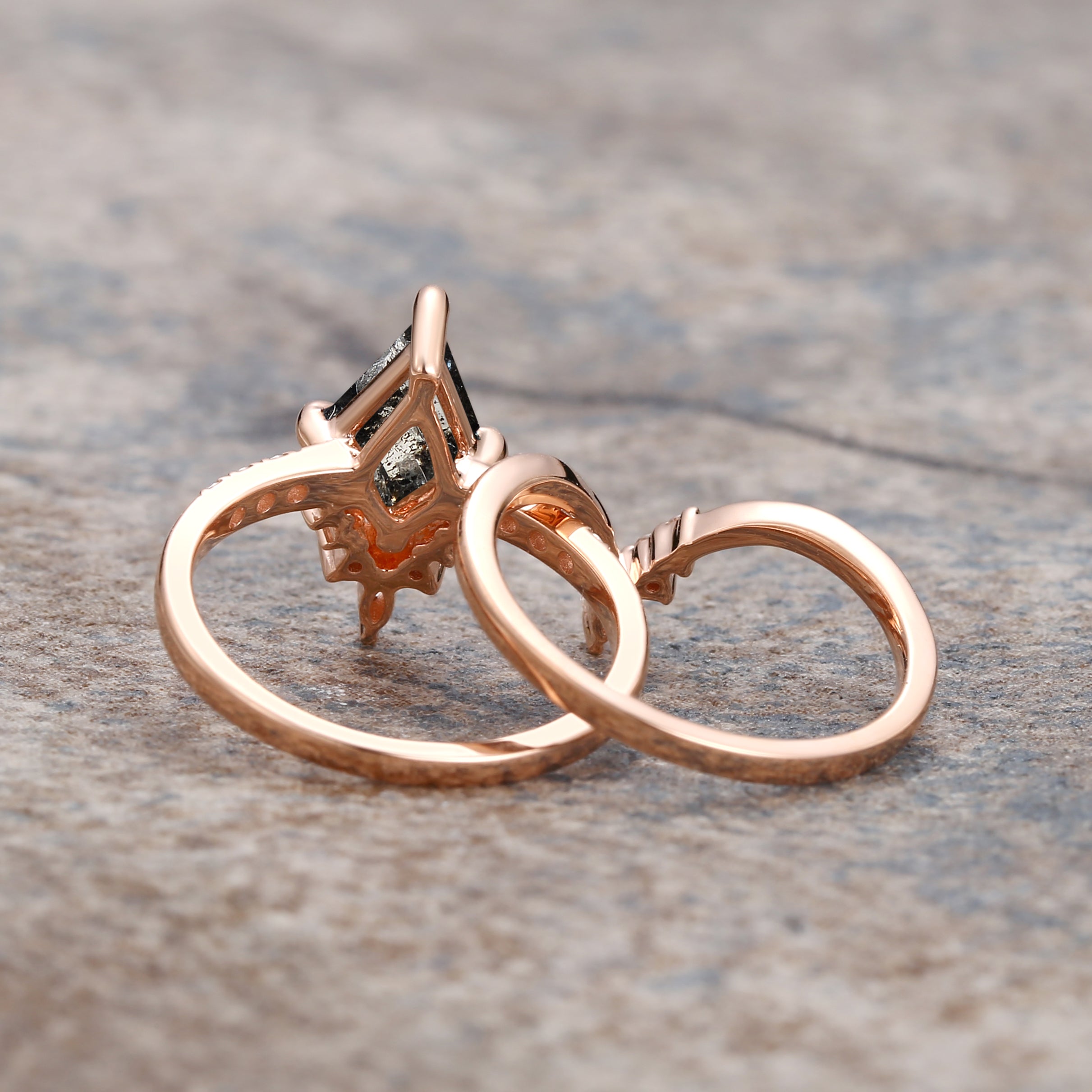 Salt and Pepper Diamonds Kite Cut Engagement Ring Set 2pcs - Starla