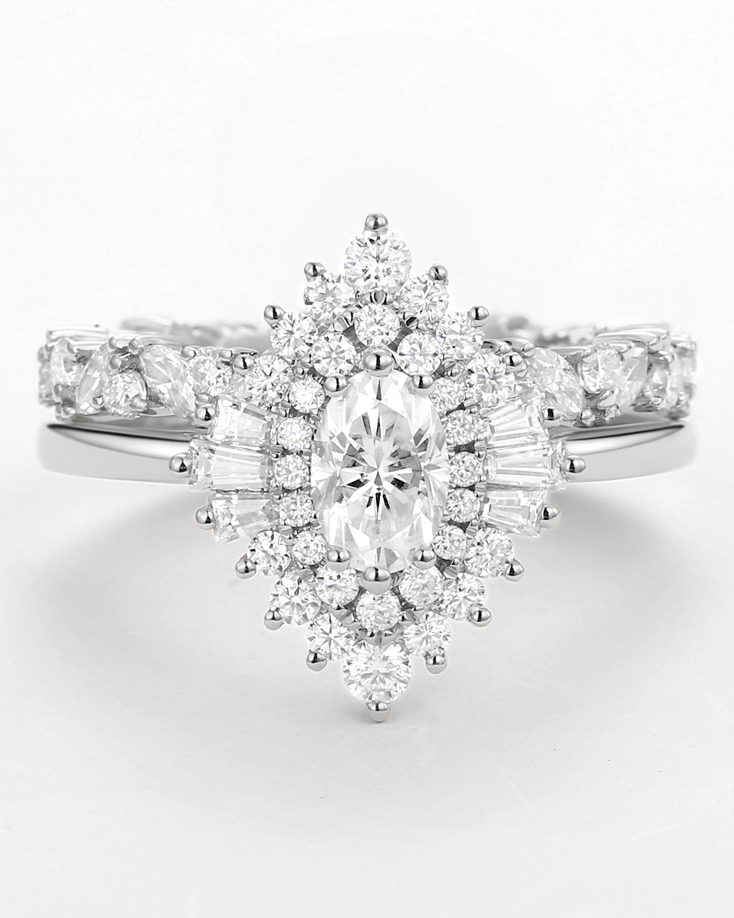 Oval Cut Art Deco Moissanite Minimalist Halo Ring Set 2pcs - Valerie